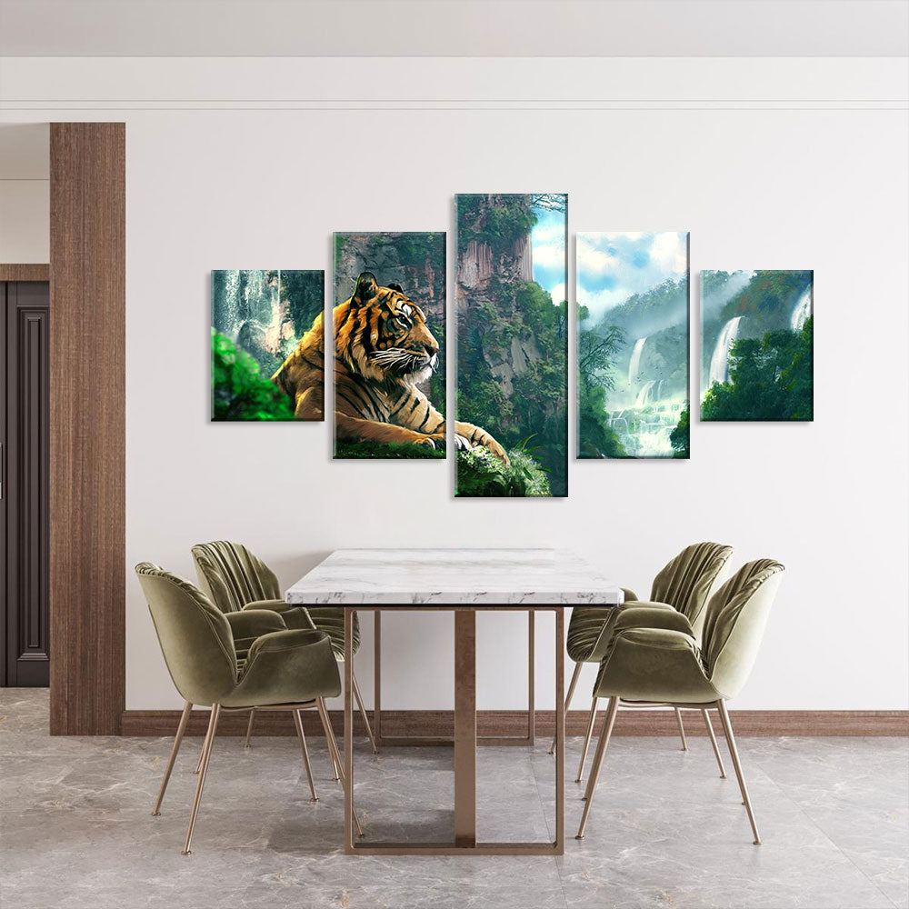 Wild Tiger With Mountain Waterfall Canvas Wall Art