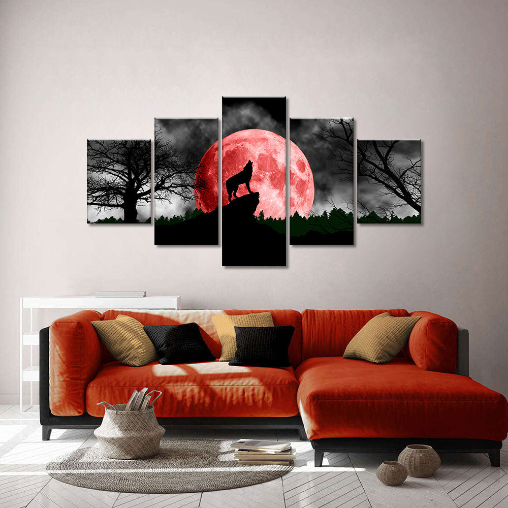 Wolf Howling At Red Moon Canvas Wall Art