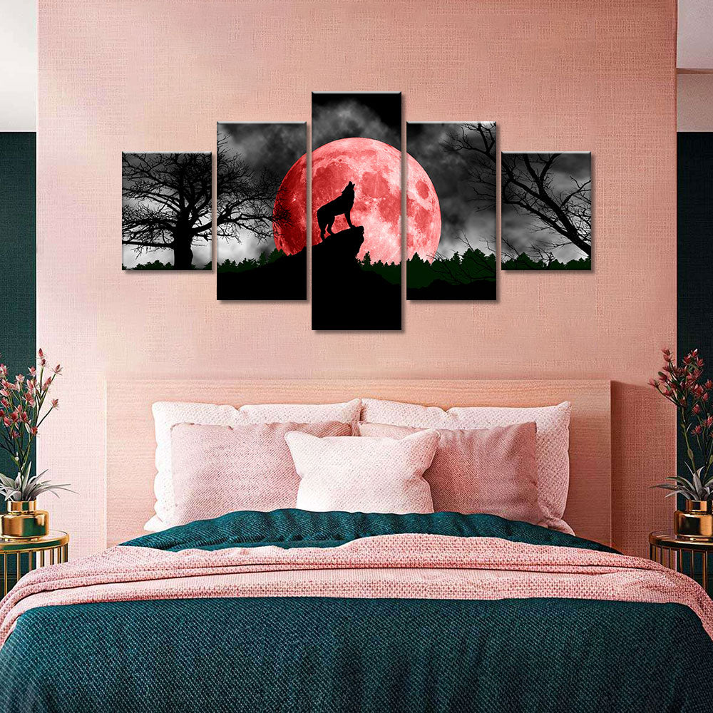 Wolf Howling At Red Moon Canvas Wall Art